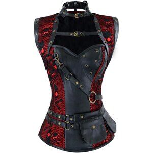 Women First Black\RED Steampunk Vintage Spiral Steel Boned Corset Bustier